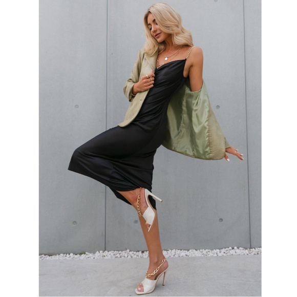 Chain Strap Black Satin Dress Midi - Picture 7 of 9